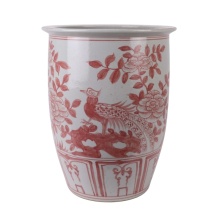 Coral Red Peacock Motif Flower Pots - Vintage Hand Painted Ceramic Planters