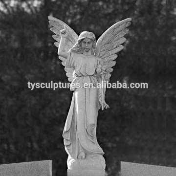 Big white opening wings white marble angel with flowers on hand