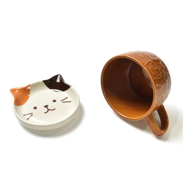 Taza de cerámica de animales de gato de estilo japonés con tapa