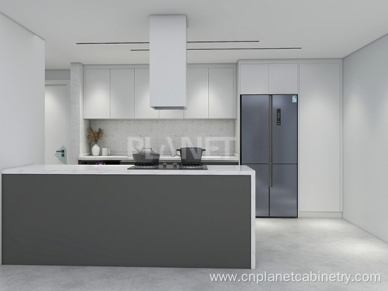 Trendy minimalist modern grey and white kitchen cabinets