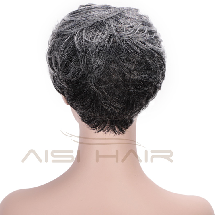 Aisi Hair Heat Resistant Fiber Straight Short Hair Bob Wigs with Neat Bangs Grey Mixed Black Short Bob Wigs for Women