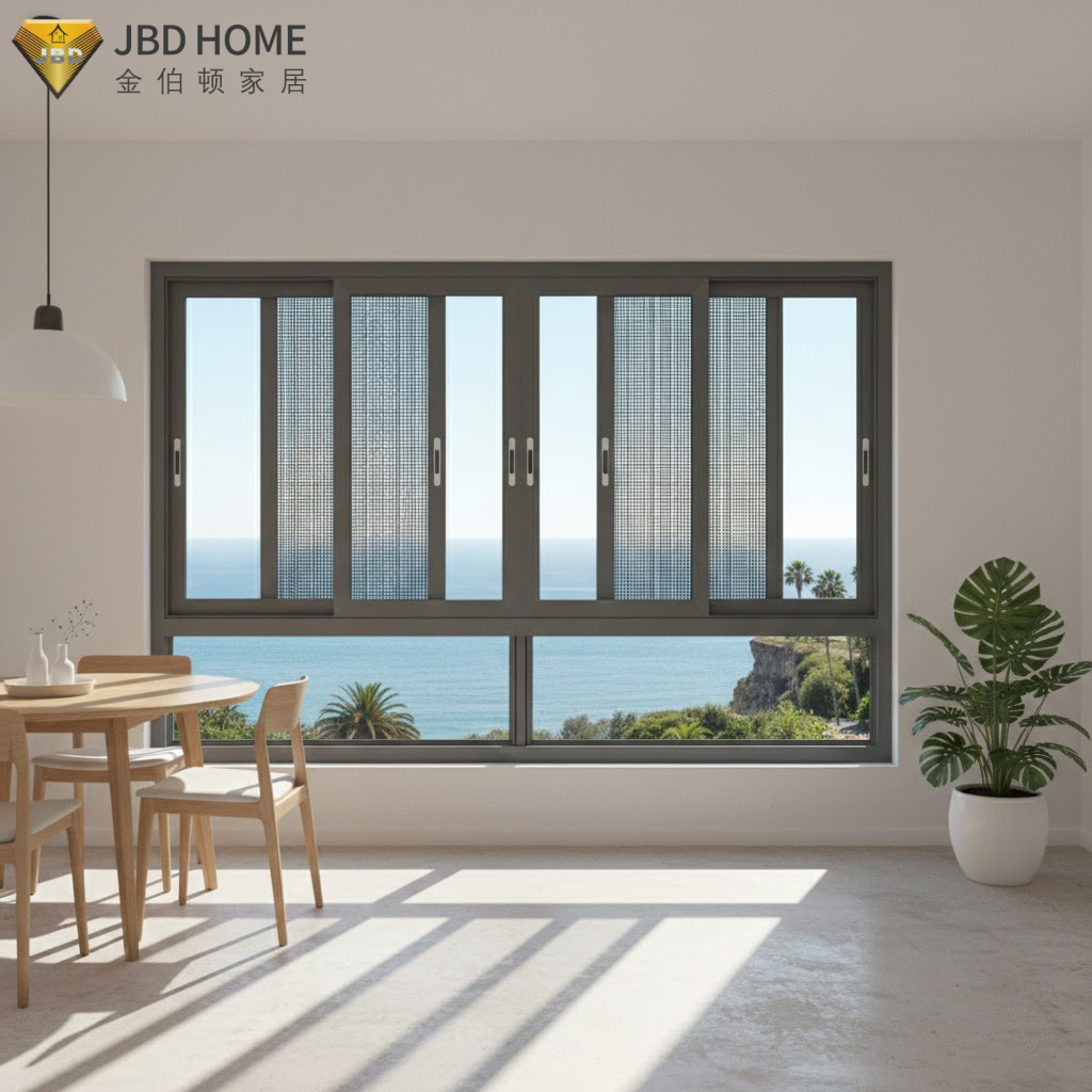 SW-ALU85 Aluminiozko leiho irristakorra Mediterraneoko kostaldera begira