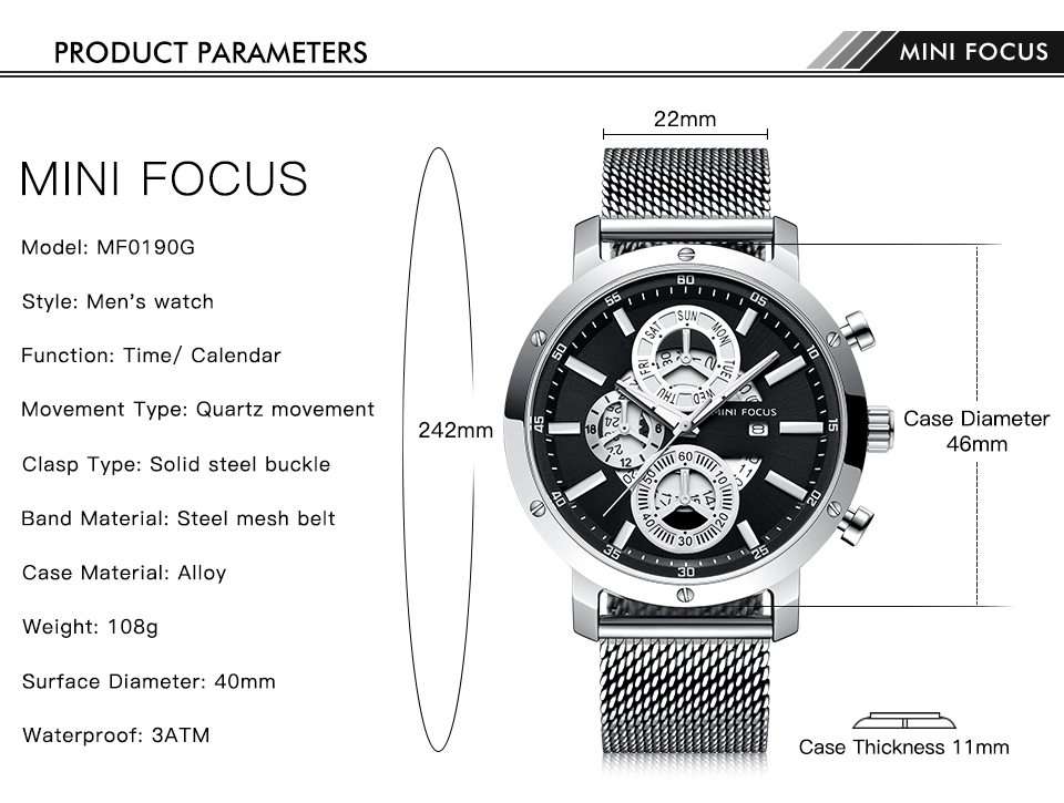 MINIFOCUSメンズラグジュアリーメッシュストラップビジネスクォーツ時計トップブランドミリタリースポーツ腕時計マンレロジオマスキュリーノ時計0190