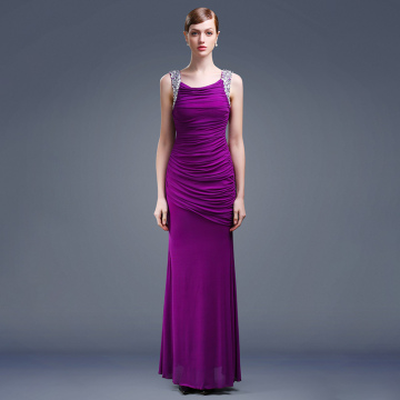 Beaded Spaghetti Strap Satin Ruffled Maxi Purple Sleeveless Prom Dress