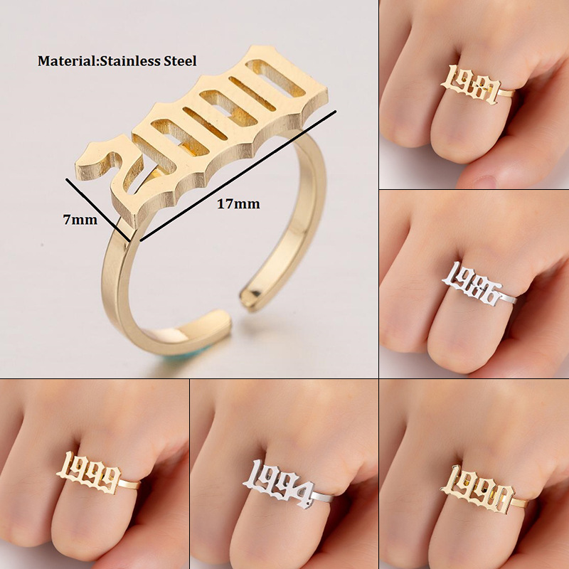 birth year ring 1980-2000 gold plated birth of year ring stainless steel open hiphop year rings number