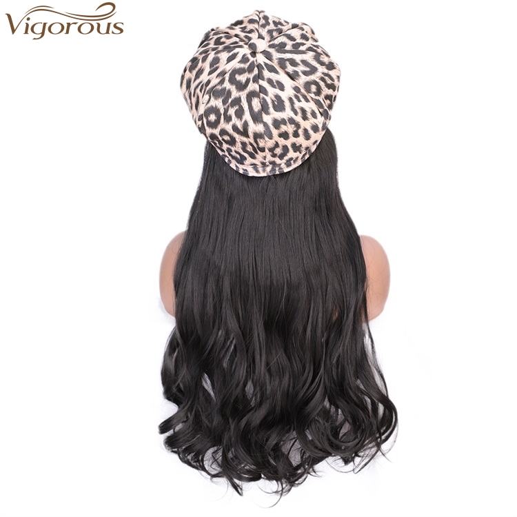 Vigorous Black Synthetic Fiber Wig With White Leopard Hat For Women Long Wavy Heat Resistant Glueless Hair Wigs