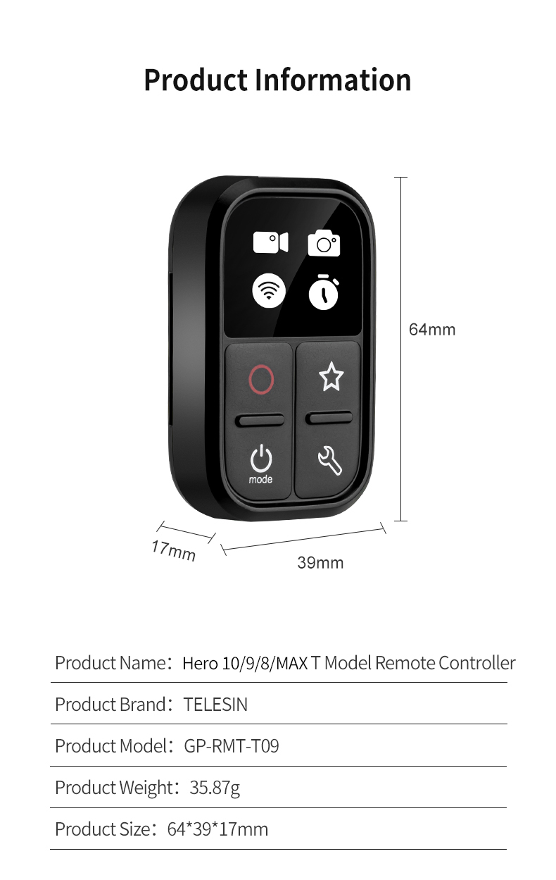 TELESIN WiFi Remote Control suitable for GoPro Hero 10 9 Max Hero 8 7 6 5 4 3 Black Hero 4 Session sports camera accessories
