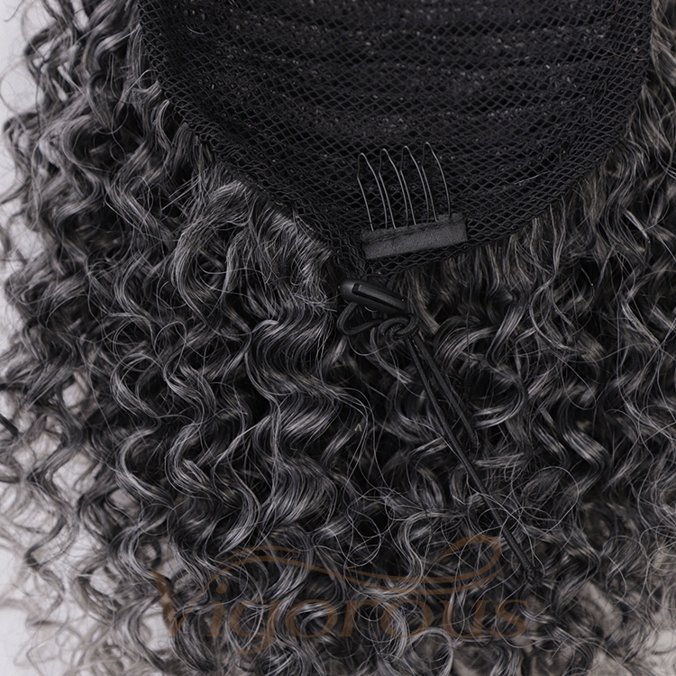 Ombre Black to gray Wholesale Afro Natural Clip In Drawstring Extensions Wrap Around Draw String High Curly Custom Ponytail Wig