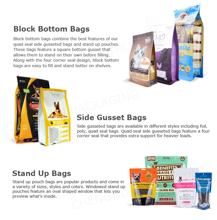 Seal Zipper Matt Print Flat Bottom Block Bottom Bag Standing Plastic Bag for Dog Packaging with Logo Printing