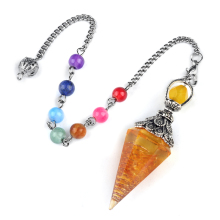 Citrine Chip Stone Resin Antique Silver Hexagonal Cone Pendant & Pendulum 7 Chakra Chain