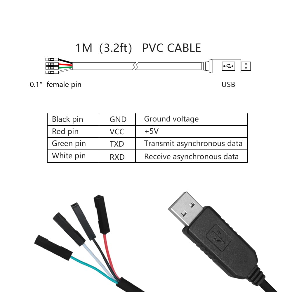 OME 1 Meter USB to TTL Serial Port Cable RS232 0.1 Inch 4 Pin Female 3.3V Converter
