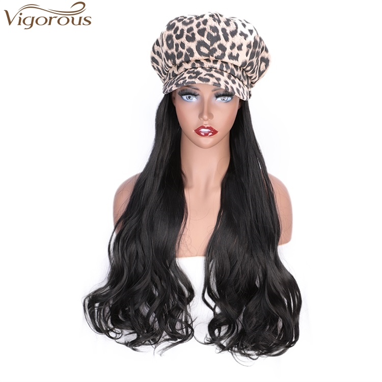 Vigorous Black Synthetic Fiber Wig With White Leopard Hat For Women Long Wavy Heat Resistant Glueless Hair Wigs