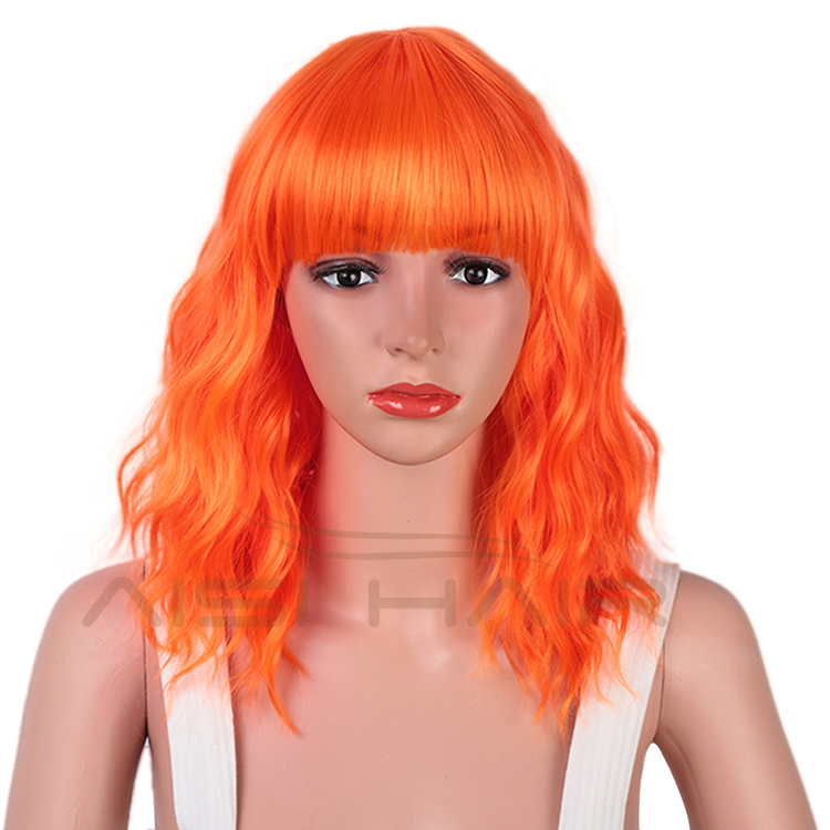 Aisi Hair Wholesale Top Quality Orange Short Bob Wig With Neat Bangs Synthetic Short Curly Wave Wigs For Black Women