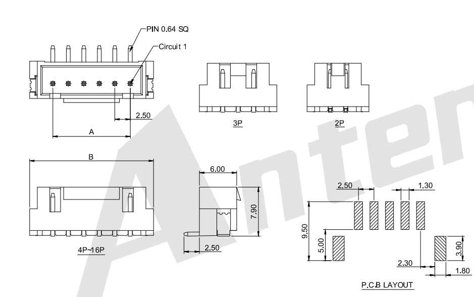 2.50 มม. พิทช์ 180 °เวเฟอร์ SMT-type connector