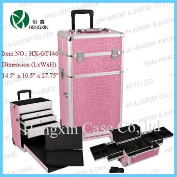 aluminum rolling makeup case trolley cosmetic train case with drawer