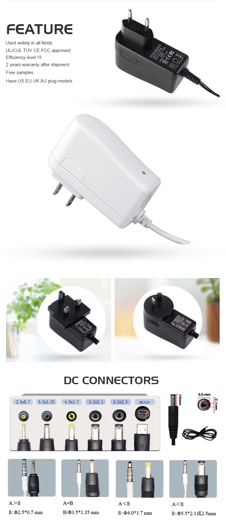 Level VI 12v/1.5a switching power adapter with ULCUL GS TUV CE FCC ROHS CB SAA,2 years warranty