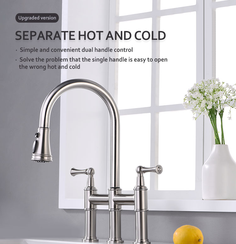 Custom Deck mounted Nickel Brushed Brass Touch Bridge Double Handle Two Lever Pull Down Kitchen Faucet with Sprayer