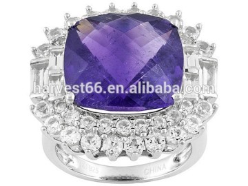 15.80ct Square Cushion Amethyst With 4.45ctw Baguette And Round White Topaz Silver Ring