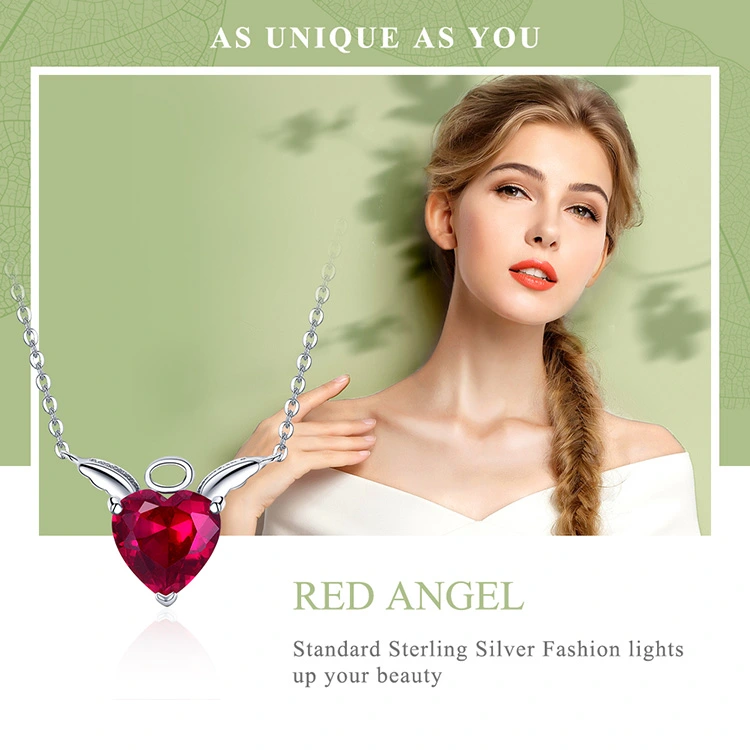 Woman Jewelry Angel Wings Red Cubic Zirconia Silver Necklace