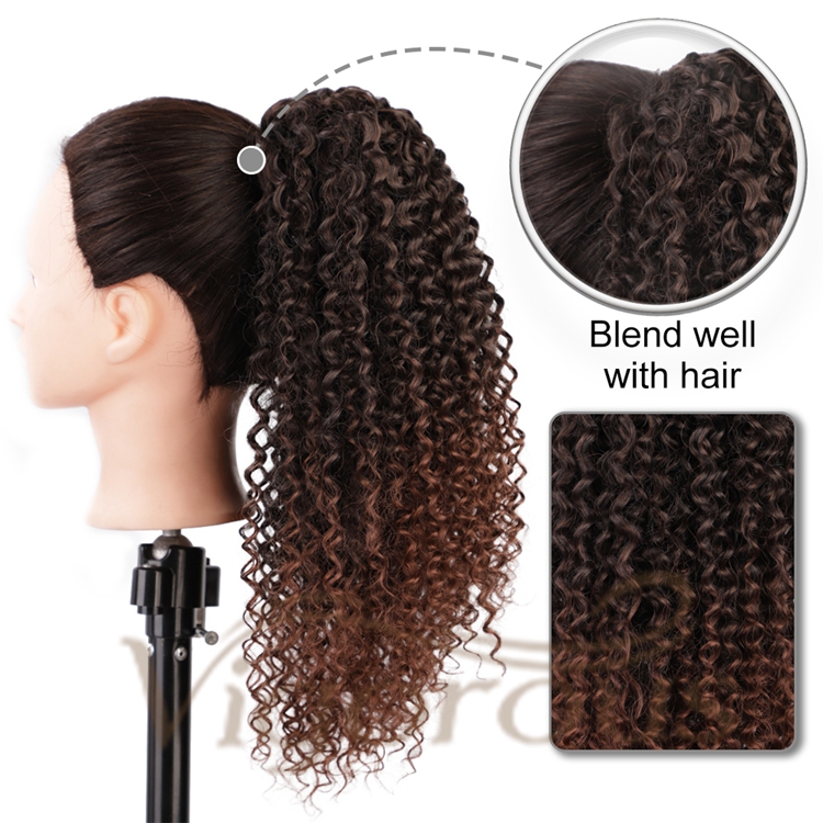Vigorous High Quality Vendors Long Ombre Brown Kinky Curly Puff Wrap With Clips Drawstring Synthetic Ponytail Hair Extension