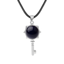 Blue Goldstone Round Cabs Silver Alloy Key Pendant Necklace 45cm Black Cord