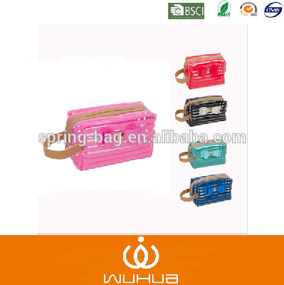 2015 Limited Zipper Trunk Solid Makeup Bag Organizador Korea 6 color Stripe Transparent Cosmetic Bag for Travel Toiletry Kits