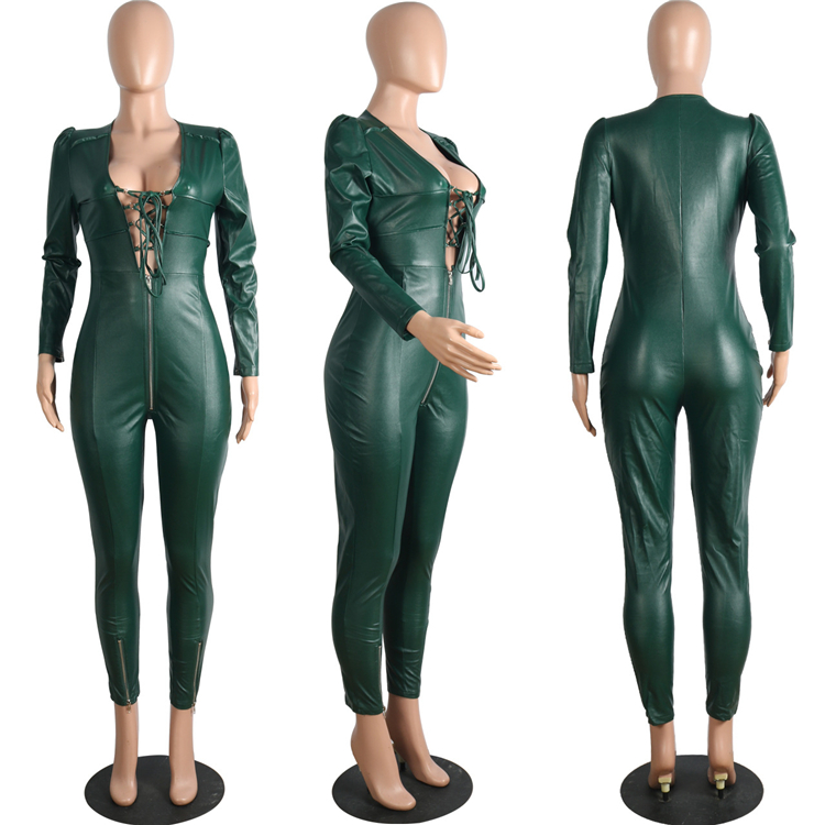 C3660 2020 new arrivals jumpsuit sexy hollow bandage solid color long sleeve V neck PU zipper women jumpsuit women onesie