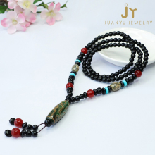 Nine Eyes Dzi Agate & Green Chalcedony Beads Necklace: Unique Barrel-Shaped Jewelry Stone Necklace