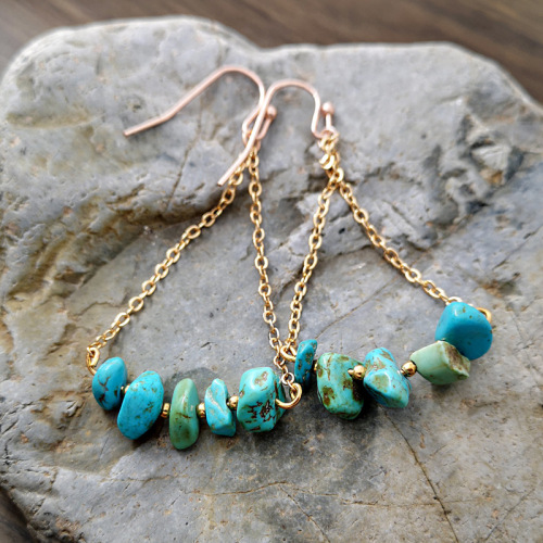 Bohemian Natural Turquoises Earring Tibetan Gold Chain String Gravel Crushed Stone Drop Earrings for Women Jewelry