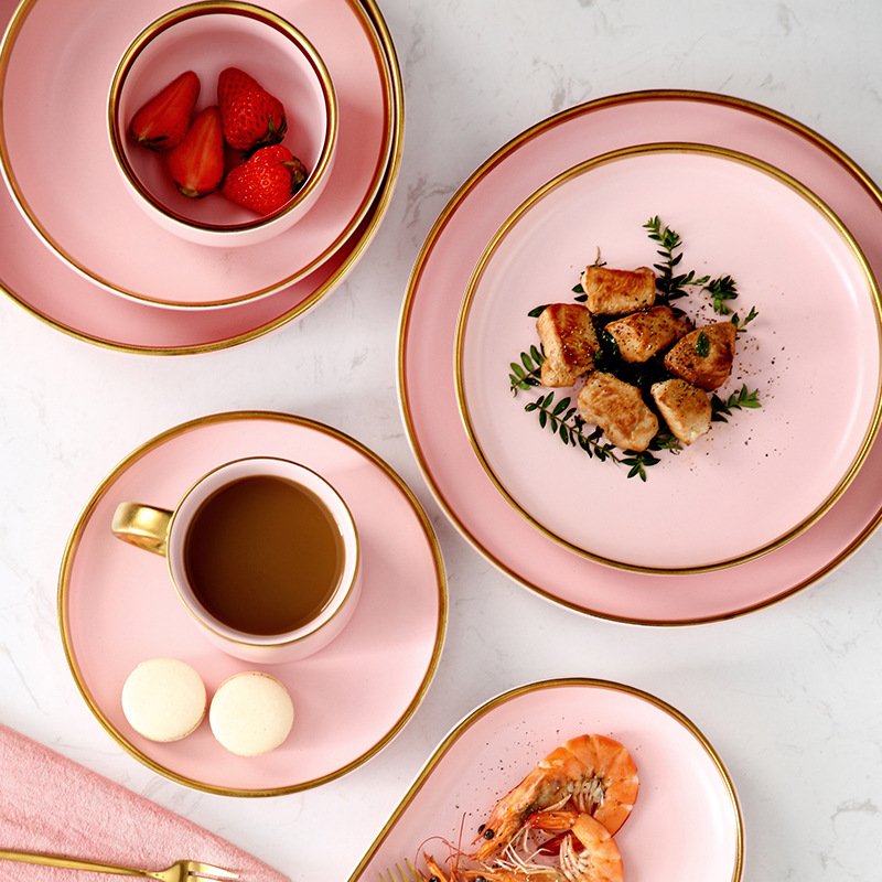 Matte Pink Porcelain Tableware Dinner Plates Dishes Gold Inlay Ceramic Cake Food Plate Bowl Set Dish for Hotel Restaurant
