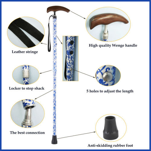 High quality,Wenge handle, aluminium folding cane walking stick,BLUE AND WHITE printing crtuch