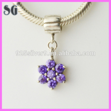 Fashion silver flower shape pretty amethyst stones hang charms fit for european bracelet