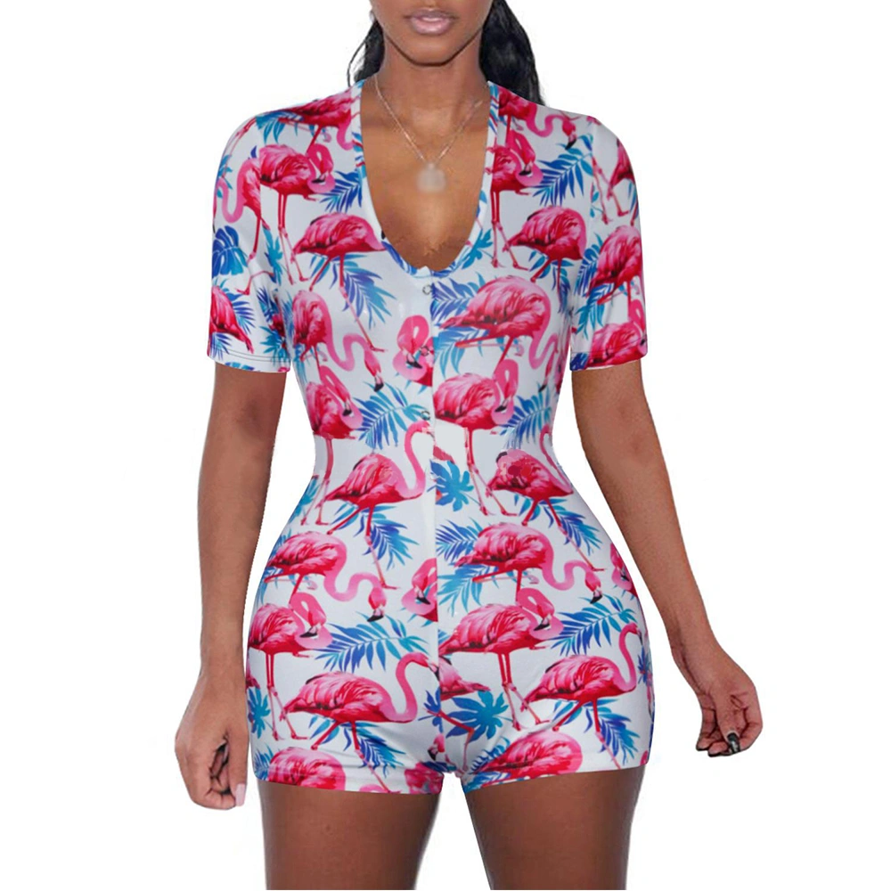 Wholesale Deep V-Neck Panda Print Short Sleeve Button Tight Jumpsuit Woman