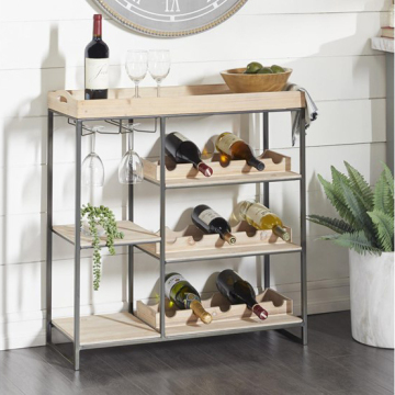 Wine Rack Stand - 38 Inch Wood and Metal Tray Top Standing Wine Rack Side Table