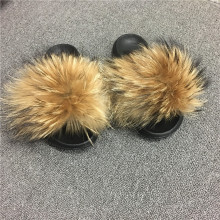 Wholesale women Fashion Slides Soft Sandals Luxury Real raccoon fur slides