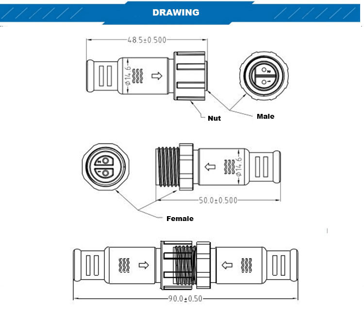 M16 2 pin waterproof connector male female extension cord IP68 outdoor LED connector power cable