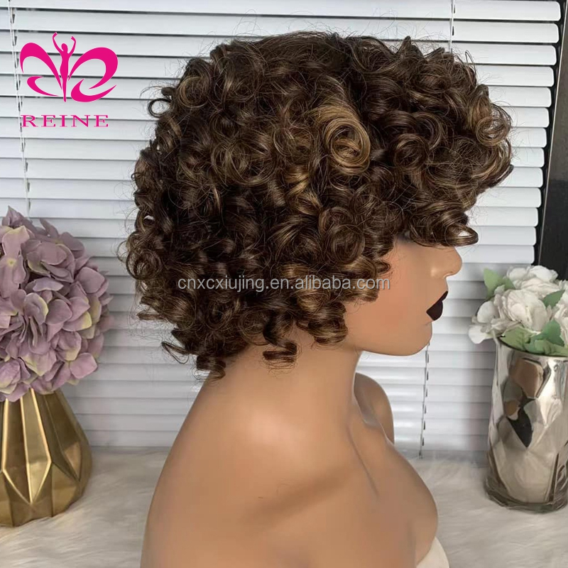 Highlight Honey Blonde Bouncy Curly Human Hair Wigs for Black Women Short Bob Curly Burgundy Full Machine Made Colored Wigs Remy