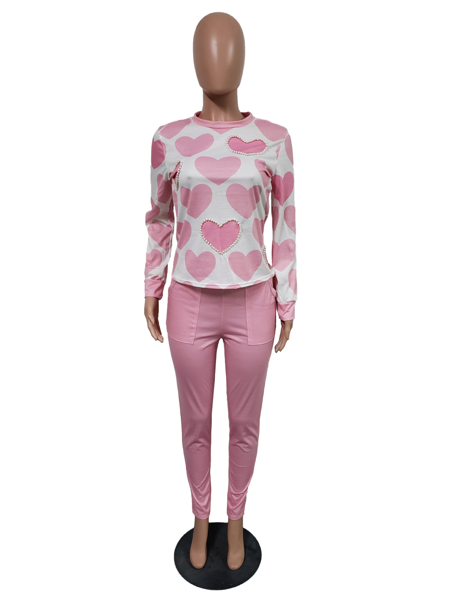 C7482 Custom Winter Outfits Women Set Long Sleeve Decorate Bead 2 Piece Tracksuit Hoodie Clothing Set