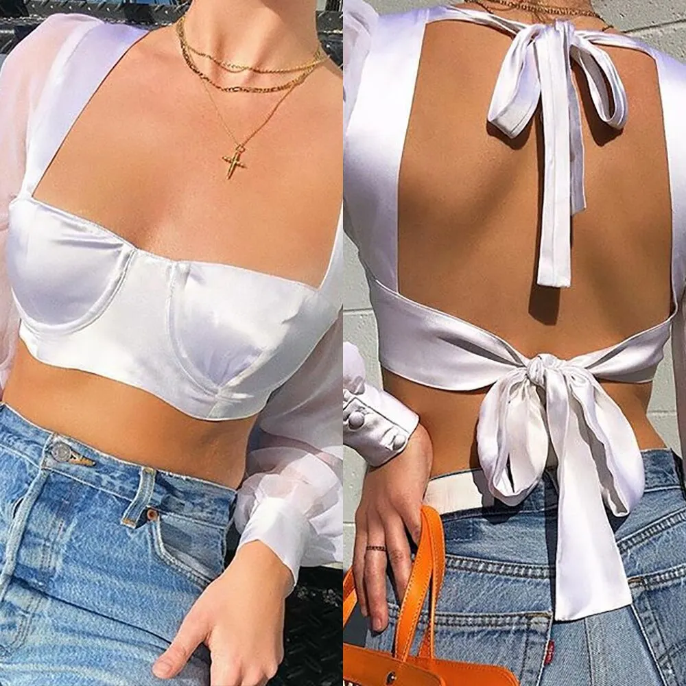 Hot Selling Square Neck Top Woman Long Sleev Mesh Top Women Sexy Bustiers Corset Top