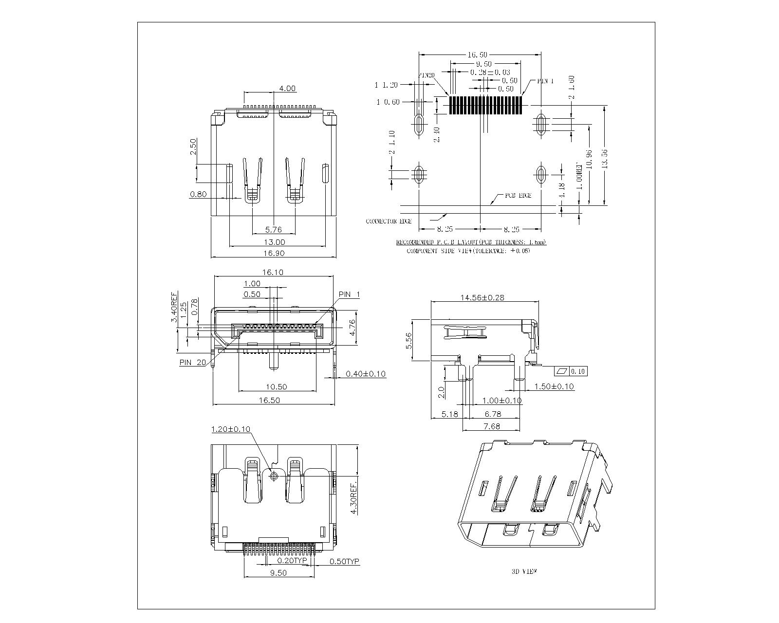 DP-FXX15 Display Port SMT Plain Top Without Edge Curl