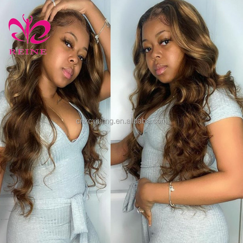REINE Design Honey Blonde Highlight Wigs,Color 4/27 Highlight Lace Frontal Human Hair Full Lace Frontal Wigs,Brown Highlight Wig