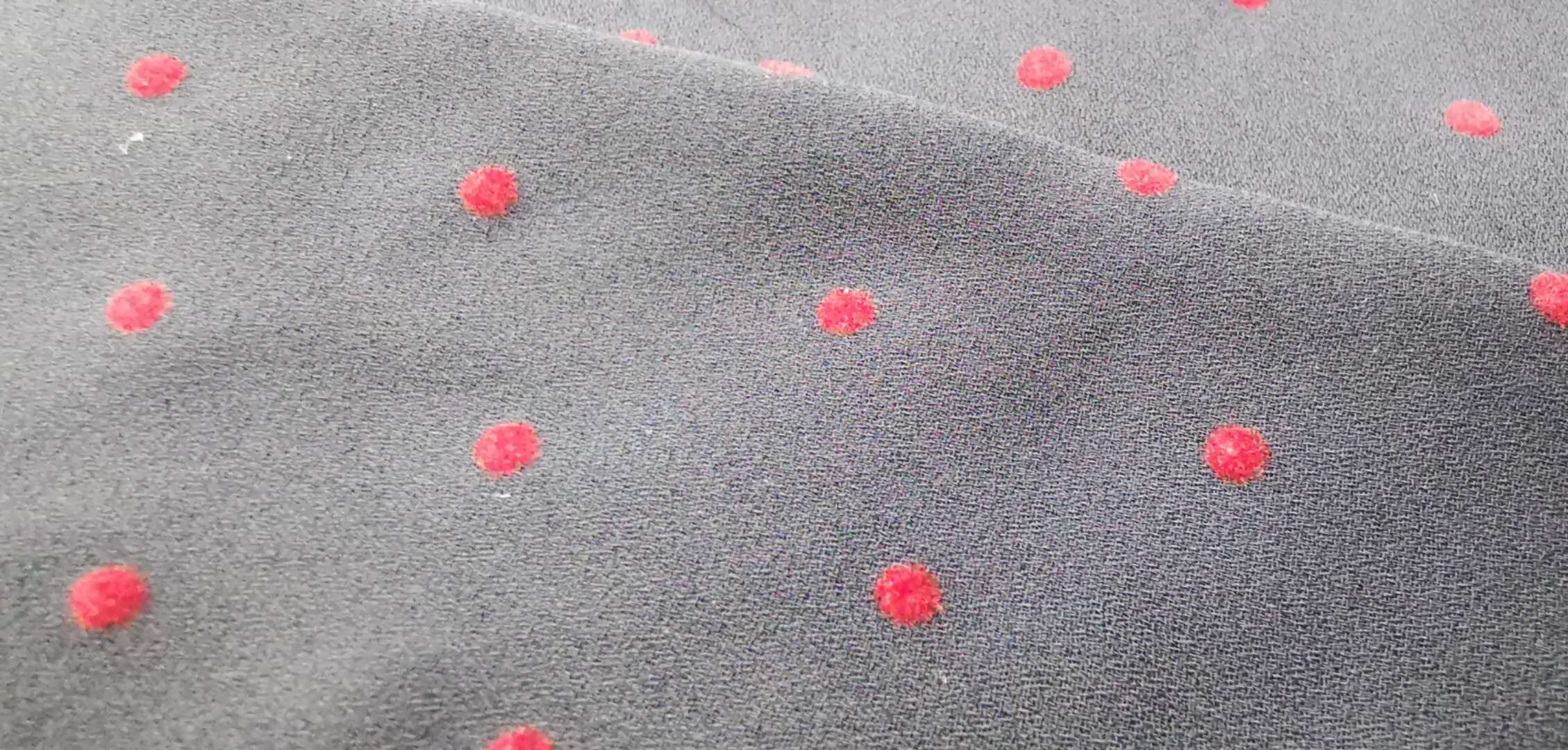 100% Polyester moss crepe with Red flocking dots Inelasticfabric