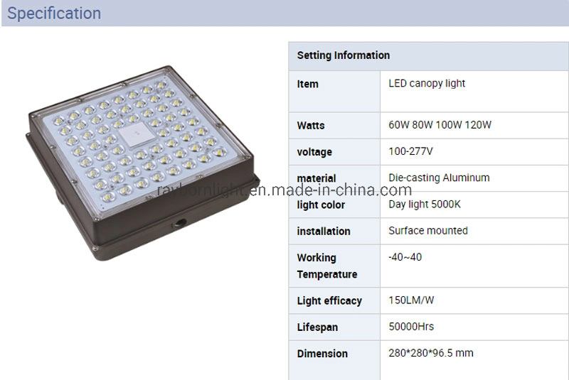 150lm/W Surface Mounted 100W Gas Station LED Canopy Light with 5 Years Warranty