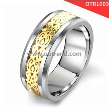 shiny polished tungsten cool man rings inlay PVD plated golden stainless steel plate