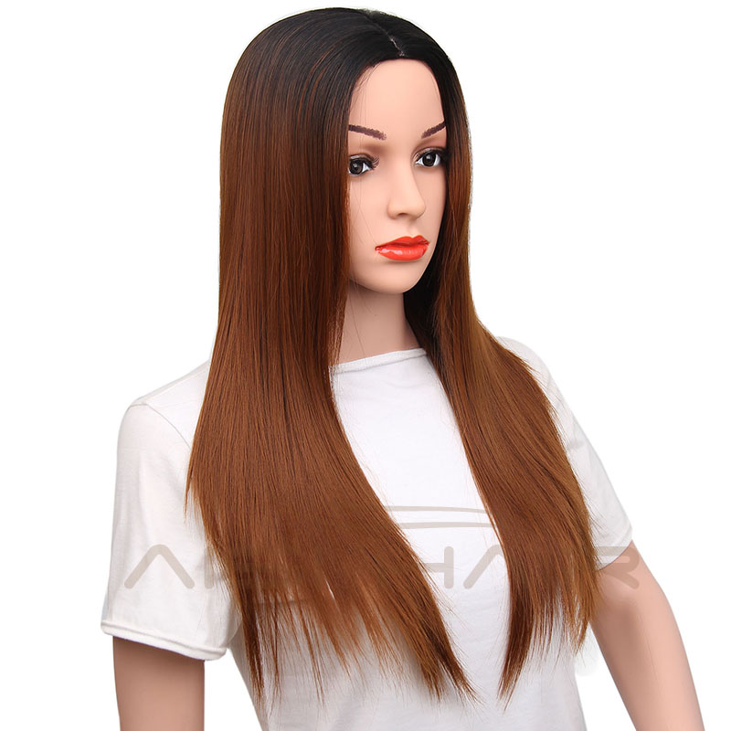Aisi Hair Long Silky Straight Wave Ombre Brown Dark Root Wig Natural Wave Heat Resistant Synthetic Fiber Wigs For Black Women