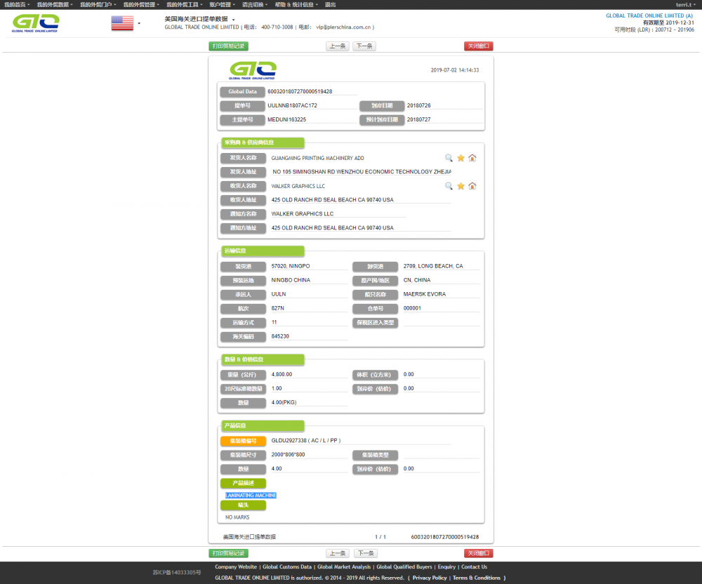 เครื่องเคลือบบัตรสหรัฐอเมริกาข้อมูลศุลกากร