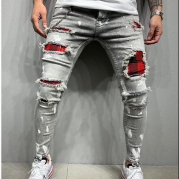 Factory direct sale mens painted jeans plaid patchwork ripped skinny jeans men