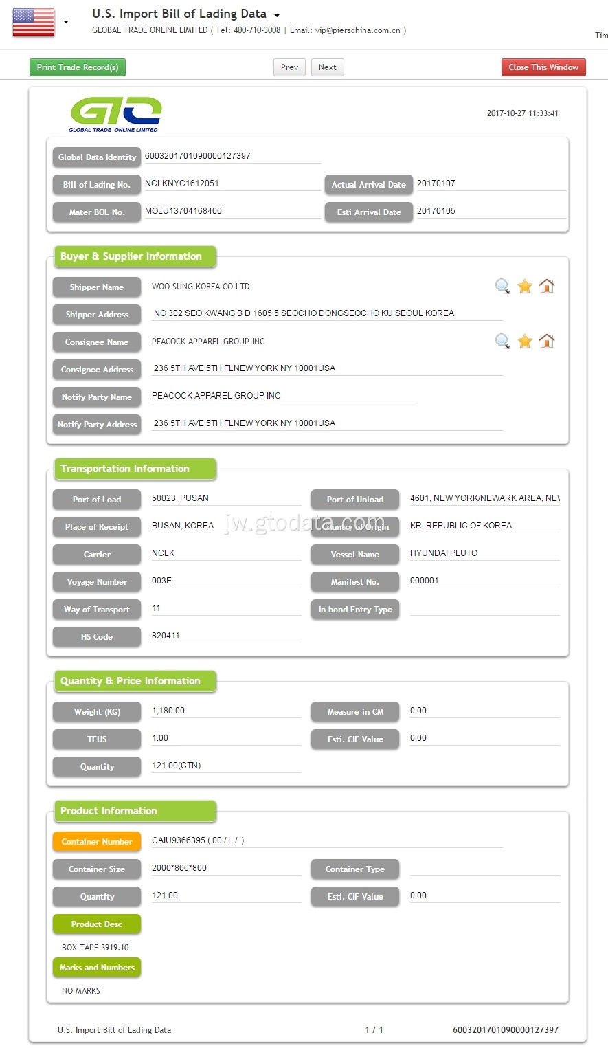 TAPE ADHESIVE US Import Bill of Lading Data