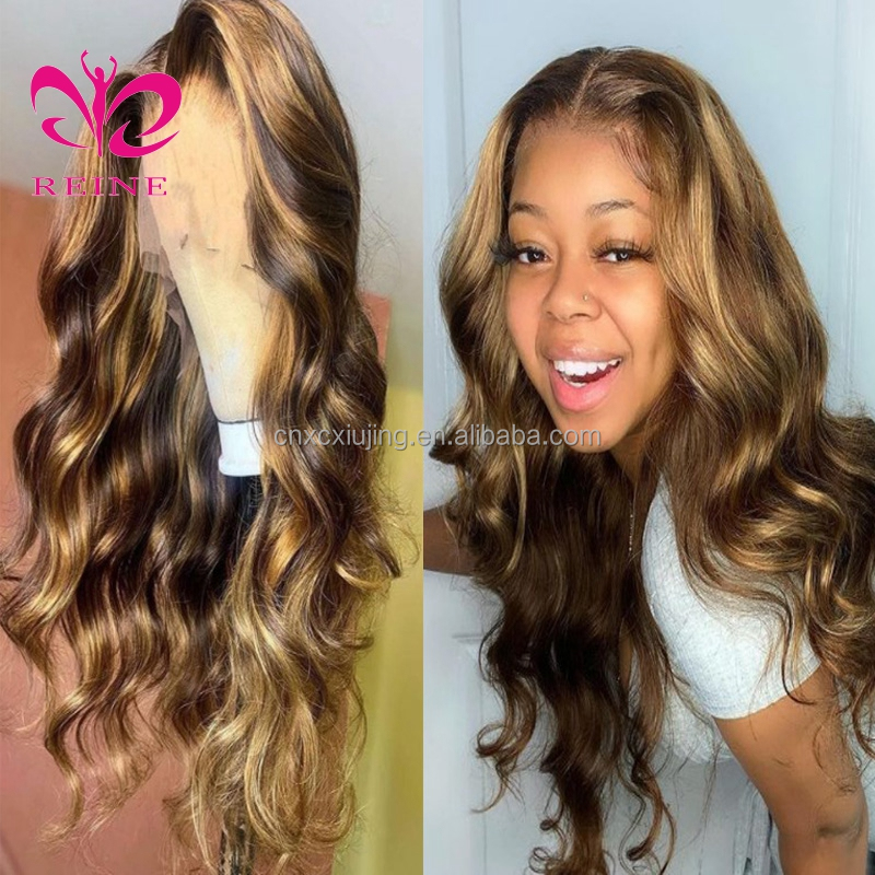 REINE Design Honey Blonde Highlight Wigs,Color 4/27 Highlight Lace Frontal Human Hair Full Lace Frontal Wigs,Brown Highlight Wig