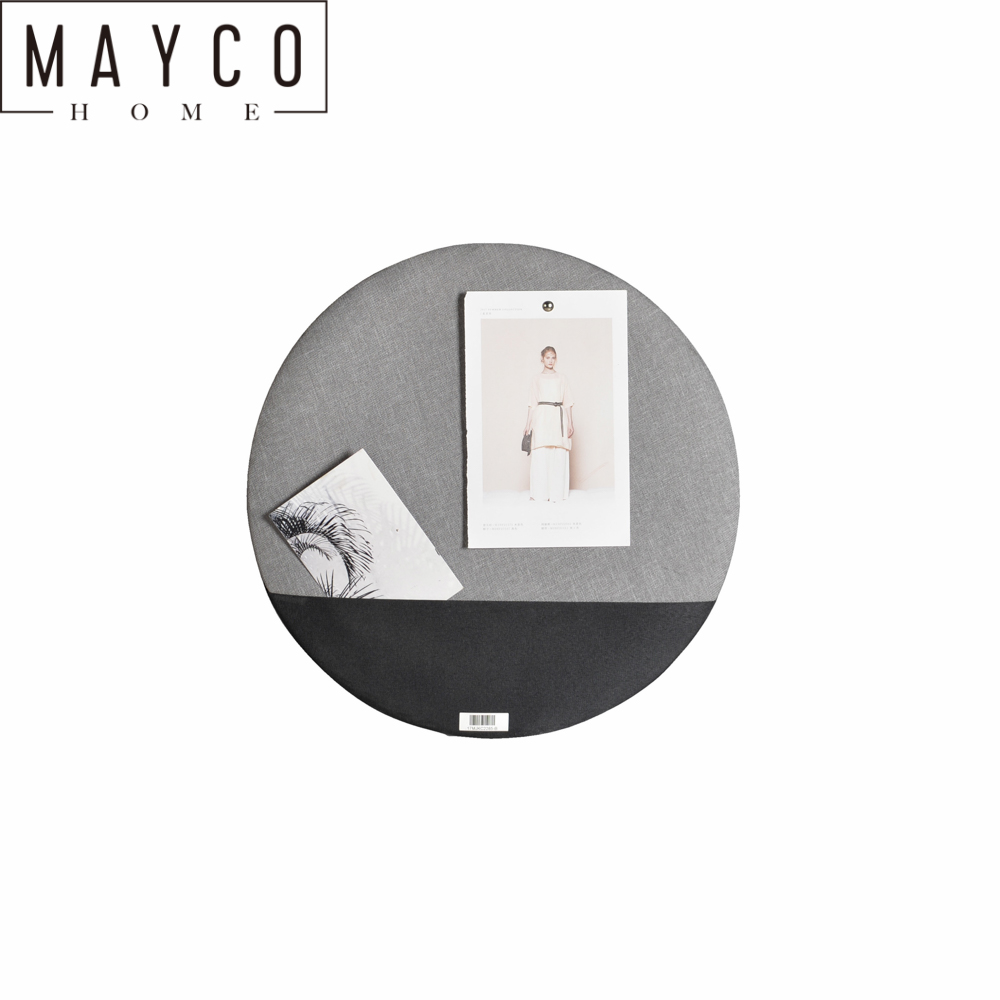 Mayco Decorative Small Pin Cork Round Gray and Black Frameless Linen Bulletin Board with 1 Pocket